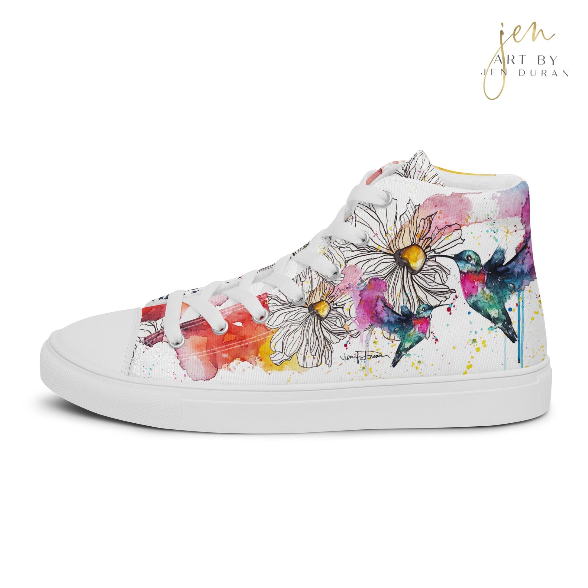 high top shoes, high top sneakers, canvas shoes, trendy shoes, watercolor hummingbird, popular shoes, unique shoe design, mens shoes, womens shoes, trendy fashion, art by jen duran