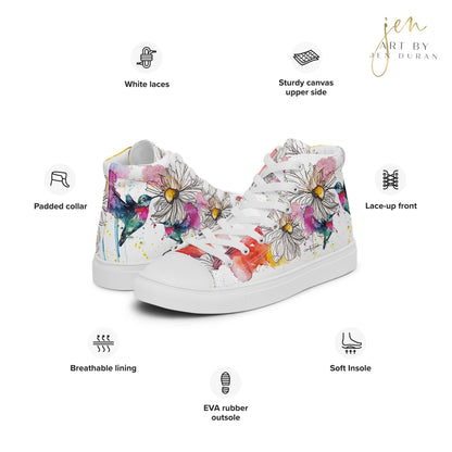 high top shoes, high top sneakers, canvas shoes, trendy shoes, watercolor hummingbird, popular shoes, unique shoe design, mens shoes, womens shoes, trendy fashion, art by jen duran