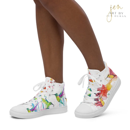 high top shoes, high top sneakers, canvas shoes, trendy shoes, watercolor hummingbird, popular shoes, unique shoe design, mens shoes, womens shoes, trendy fashion, art by jen duran
