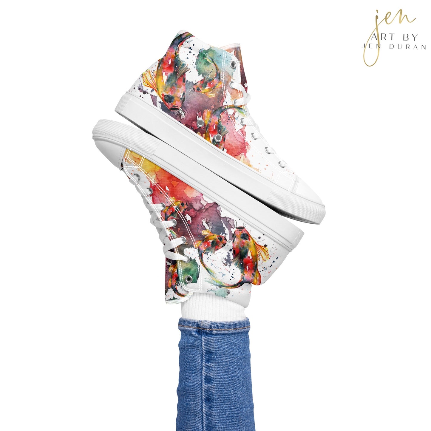 Women’s High Top Canvas Shoes | High Top Sneakers | Watercolor Koi Fish Design