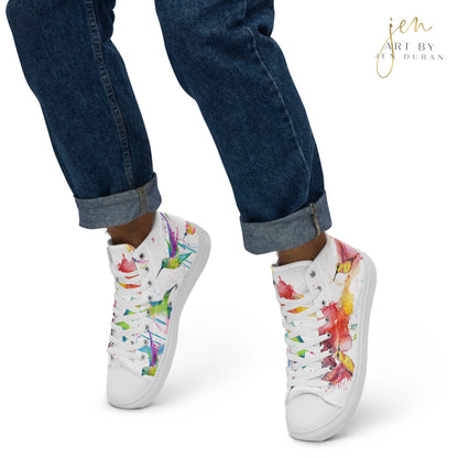 high top shoes, high top sneakers, canvas shoes, trendy shoes, watercolor hummingbird, popular shoes, unique shoe design, mens shoes, womens shoes, trendy fashion, art by jen duran