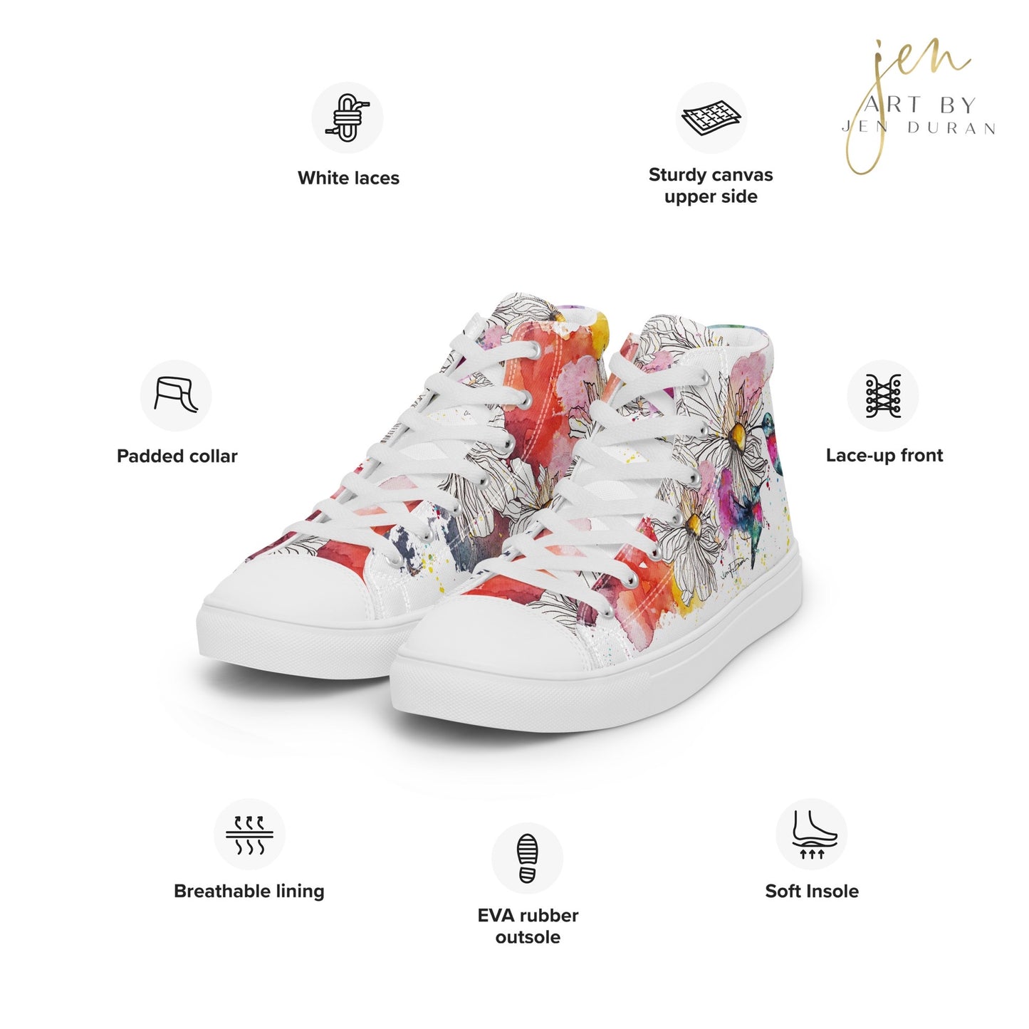 high top shoes, high top sneakers, canvas shoes, trendy shoes, watercolor hummingbird, popular shoes, unique shoe design, mens shoes, womens shoes, trendy fashion, art by jen duran