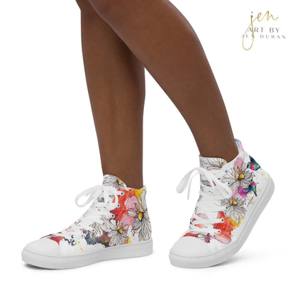high top shoes, high top sneakers, canvas shoes, trendy shoes, watercolor hummingbird, popular shoes, unique shoe design, mens shoes, womens shoes, trendy fashion, art by jen duran