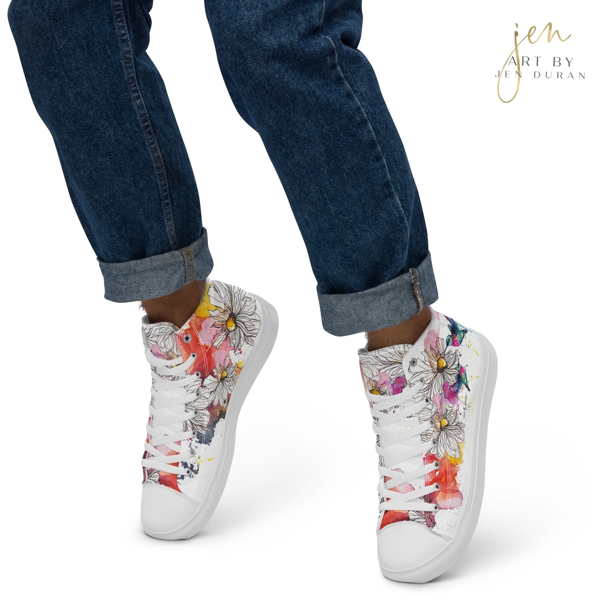 high top shoes, high top sneakers, canvas shoes, trendy shoes, watercolor hummingbird, popular shoes, unique shoe design, mens shoes, womens shoes, trendy fashion, art by jen duran
