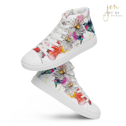high top shoes, high top sneakers, canvas shoes, trendy shoes, watercolor hummingbird, popular shoes, unique shoe design, mens shoes, womens shoes, trendy fashion, art by jen duran