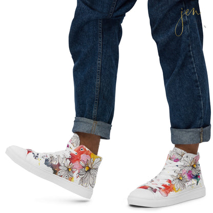 high top shoes, high top sneakers, canvas shoes, trendy shoes, watercolor hummingbird, popular shoes, unique shoe design, mens shoes, womens shoes, trendy fashion, art by jen duran
