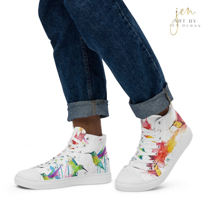 high top shoes, high top sneakers, canvas shoes, trendy shoes, watercolor hummingbird, popular shoes, unique shoe design, mens shoes, womens shoes, trendy fashion, art by jen duran