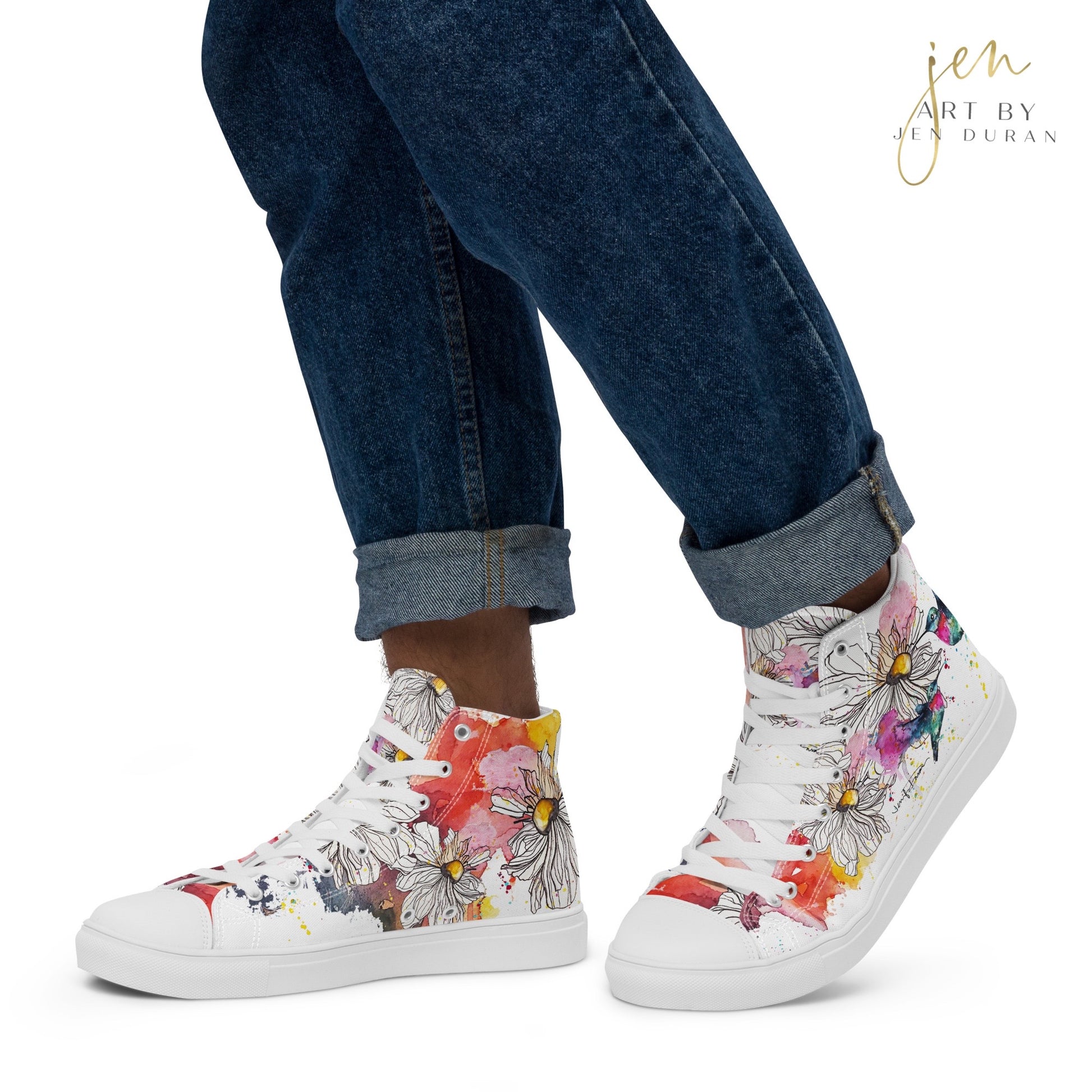 high top shoes, high top sneakers, canvas shoes, trendy shoes, watercolor hummingbird, popular shoes, unique shoe design, mens shoes, womens shoes, trendy fashion, art by jen duran