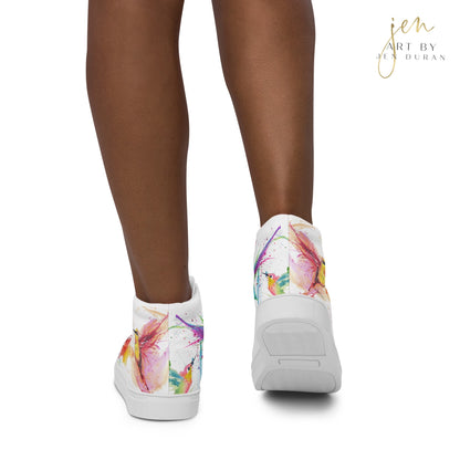 high top shoes, high top sneakers, canvas shoes, trendy shoes, watercolor hummingbird, popular shoes, unique shoe design, mens shoes, womens shoes, trendy fashion, art by jen duran