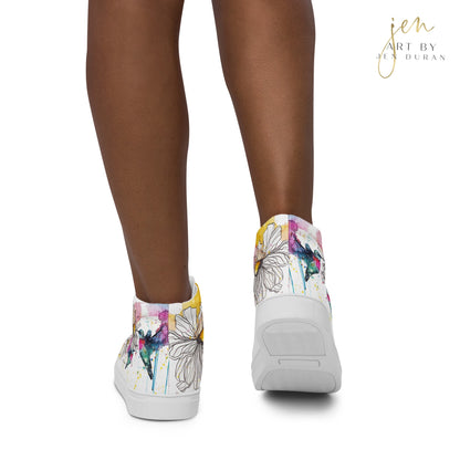 high top shoes, high top sneakers, canvas shoes, trendy shoes, watercolor hummingbird, popular shoes, unique shoe design, mens shoes, womens shoes, trendy fashion, art by jen duran