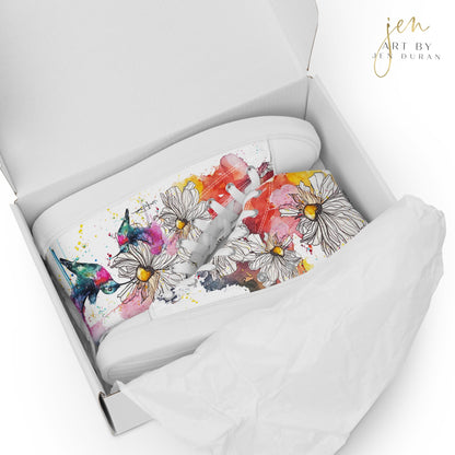 high top shoes, high top sneakers, canvas shoes, trendy shoes, watercolor hummingbird, popular shoes, unique shoe design, mens shoes, womens shoes, trendy fashion, art by jen duran