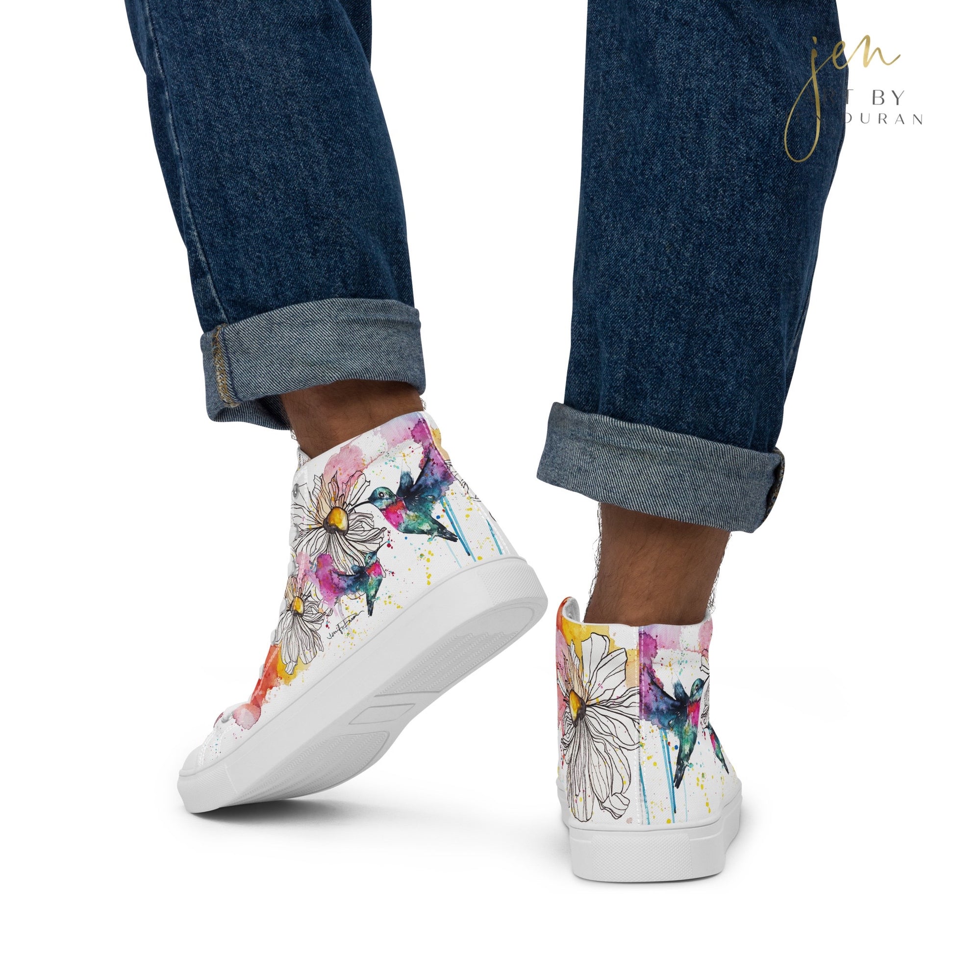 high top shoes, high top sneakers, canvas shoes, trendy shoes, watercolor hummingbird, popular shoes, unique shoe design, mens shoes, womens shoes, trendy fashion, art by jen duran