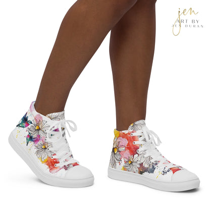 high top shoes, high top sneakers, canvas shoes, trendy shoes, watercolor hummingbird, popular shoes, unique shoe design, mens shoes, womens shoes, trendy fashion, art by jen duran