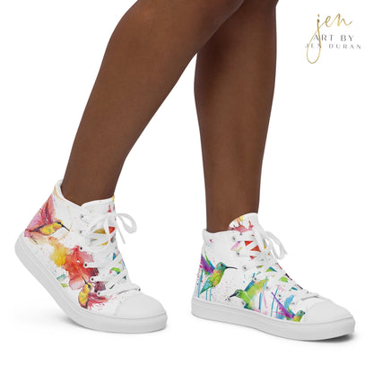 high top shoes, high top sneakers, canvas shoes, trendy shoes, watercolor hummingbird, popular shoes, unique shoe design, mens shoes, womens shoes, trendy fashion, art by jen duran