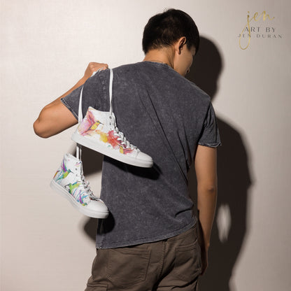 high top shoes, high top sneakers, canvas shoes, trendy shoes, watercolor hummingbird, popular shoes, unique shoe design, mens shoes, womens shoes, trendy fashion, art by jen duran