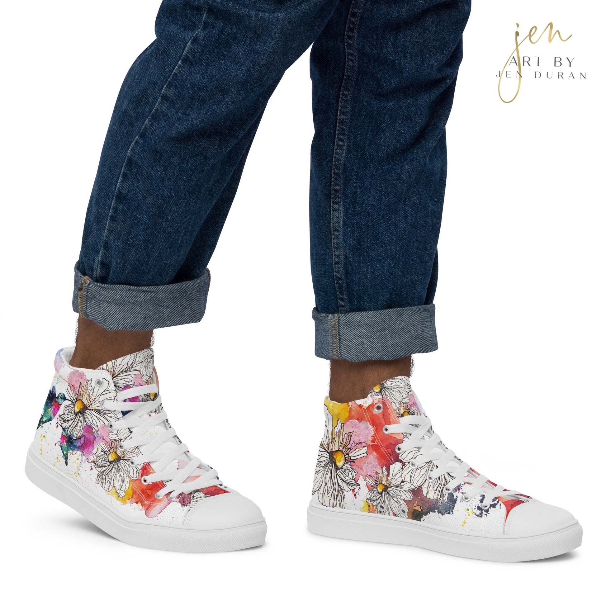 high top shoes, high top sneakers, canvas shoes, trendy shoes, watercolor hummingbird, popular shoes, unique shoe design, mens shoes, womens shoes, trendy fashion, art by jen duran