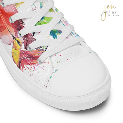 high top shoes, high top sneakers, canvas shoes, trendy shoes, watercolor hummingbird, popular shoes, unique shoe design, mens shoes, womens shoes, trendy fashion, art by jen duran