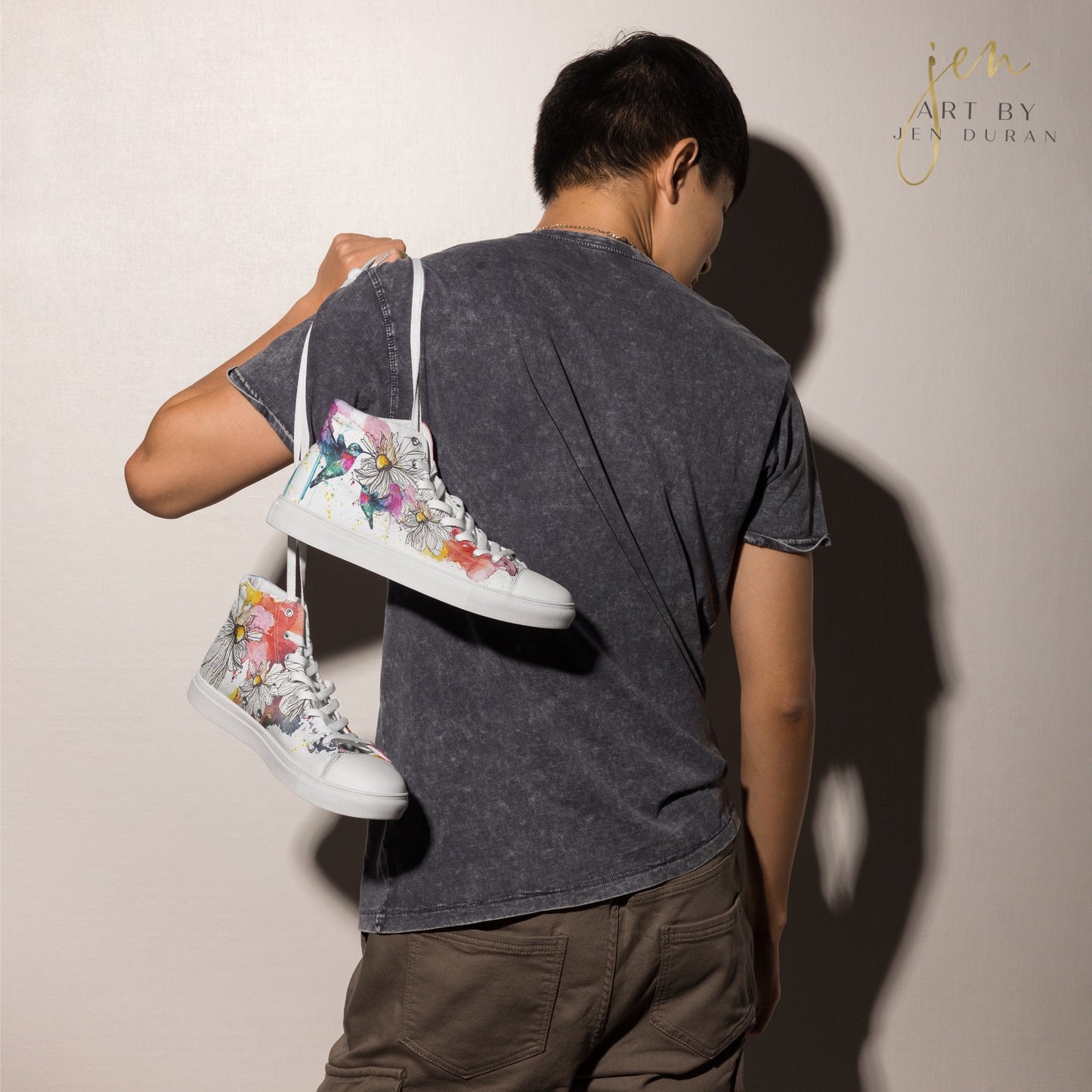 high top shoes, high top sneakers, canvas shoes, trendy shoes, watercolor hummingbird, popular shoes, unique shoe design, mens shoes, womens shoes, trendy fashion, art by jen duran