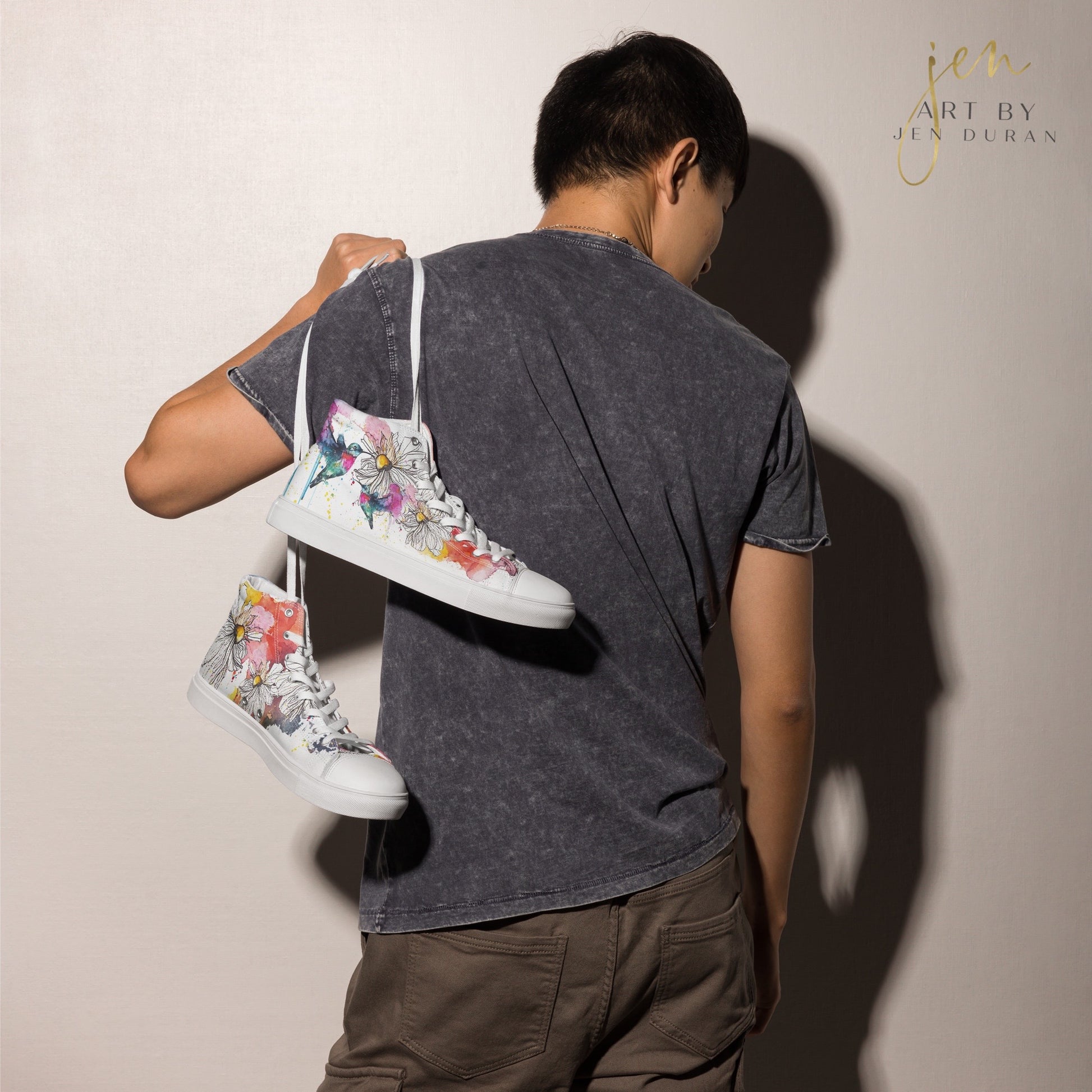 high top shoes, high top sneakers, canvas shoes, trendy shoes, watercolor hummingbird, popular shoes, unique shoe design, mens shoes, womens shoes, trendy fashion, art by jen duran