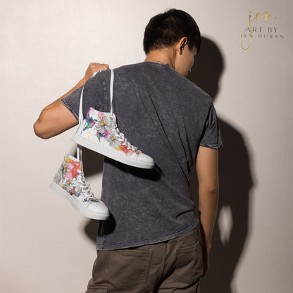 high top shoes, high top sneakers, canvas shoes, trendy shoes, watercolor hummingbird, popular shoes, unique shoe design, mens shoes, womens shoes, trendy fashion, art by jen duran