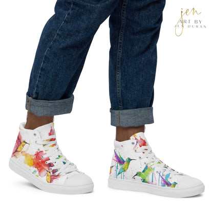 high top shoes, high top sneakers, canvas shoes, trendy shoes, watercolor hummingbird, popular shoes, unique shoe design, mens shoes, womens shoes, trendy fashion, art by jen duran