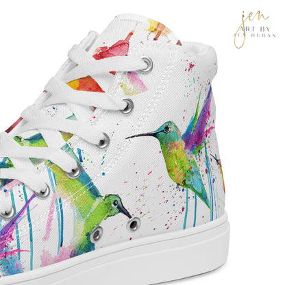 high top shoes, high top sneakers, canvas shoes, trendy shoes, watercolor hummingbird, popular shoes, unique shoe design, mens shoes, womens shoes, trendy fashion, art by jen duran