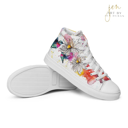 high top shoes, high top sneakers, canvas shoes, trendy shoes, watercolor hummingbird, popular shoes, unique shoe design, mens shoes, womens shoes, trendy fashion, art by jen duran