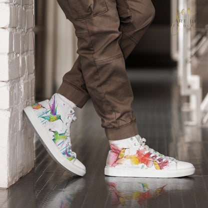 high top shoes, high top sneakers, canvas shoes, trendy shoes, watercolor hummingbird, popular shoes, unique shoe design, mens shoes, womens shoes, trendy fashion, art by jen duran
