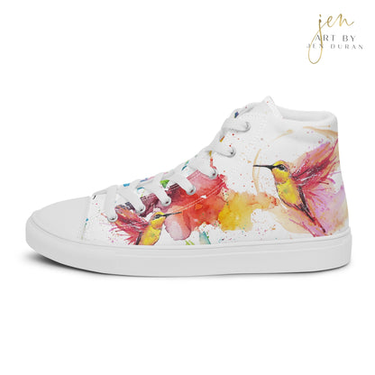high top shoes, high top sneakers, canvas shoes, trendy shoes, watercolor hummingbird, popular shoes, unique shoe design, mens shoes, womens shoes, trendy fashion, art by jen duran