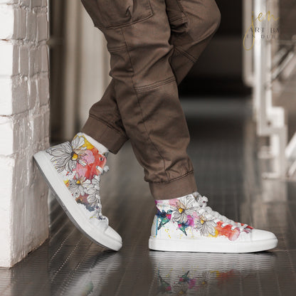 high top shoes, high top sneakers, canvas shoes, trendy shoes, watercolor hummingbird, popular shoes, unique shoe design, mens shoes, womens shoes, trendy fashion, art by jen duran
