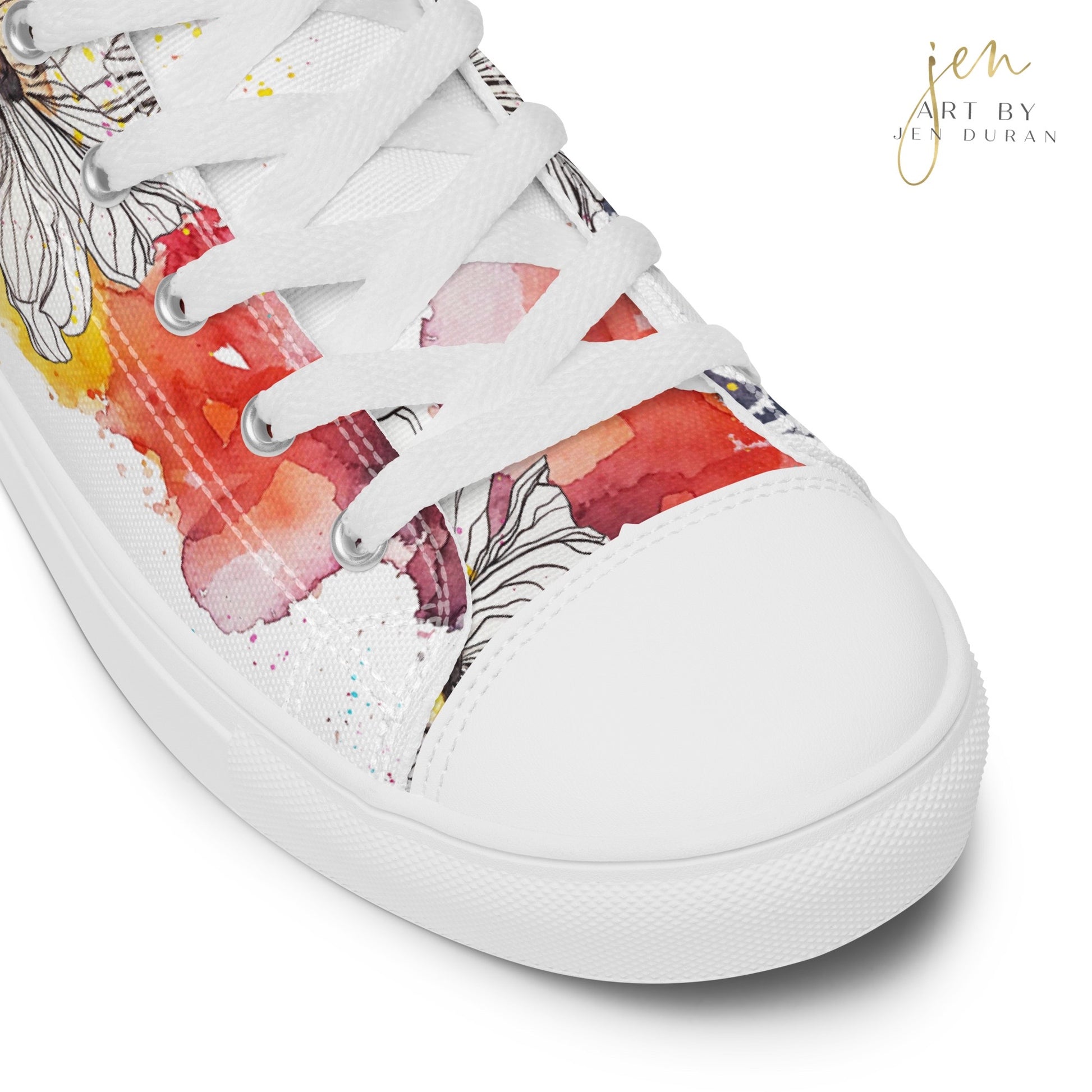 high top shoes, high top sneakers, canvas shoes, trendy shoes, watercolor hummingbird, popular shoes, unique shoe design, mens shoes, womens shoes, trendy fashion, art by jen duran