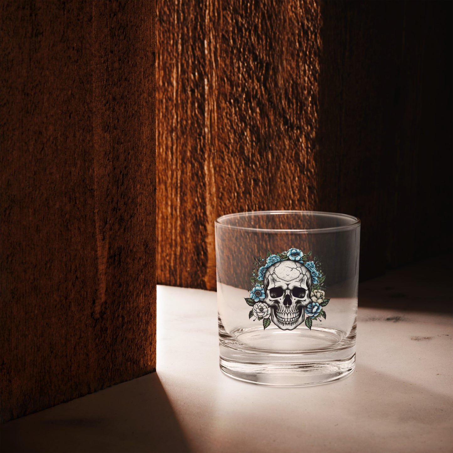 Rocks glass - Skull w/Blue Flowers Design