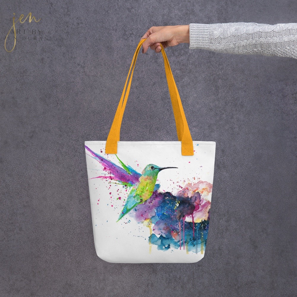 tote bag, tote bags, bag accessories, gifts for women, best gifts, christmas gift ideas, watercolor art, unique bag, trendy tote bag, trendy fashion, hummingbird art, art by jen duran