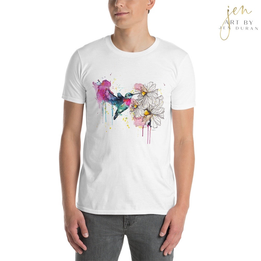 unisex basic softstyle t-shirt, unisex t-shirt, watercolor fashion, watercolor t-shirt, hummingbird t-shirt, unique t-shirt, women's fashion, men's fashion, gildan t-shirt, art by jen duran
