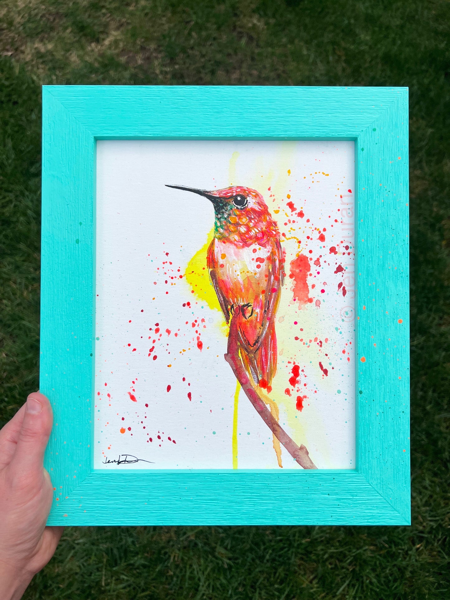 Orange Yellow Hummingbird Splatter Original Watercolor Painting Art By Jen Duran