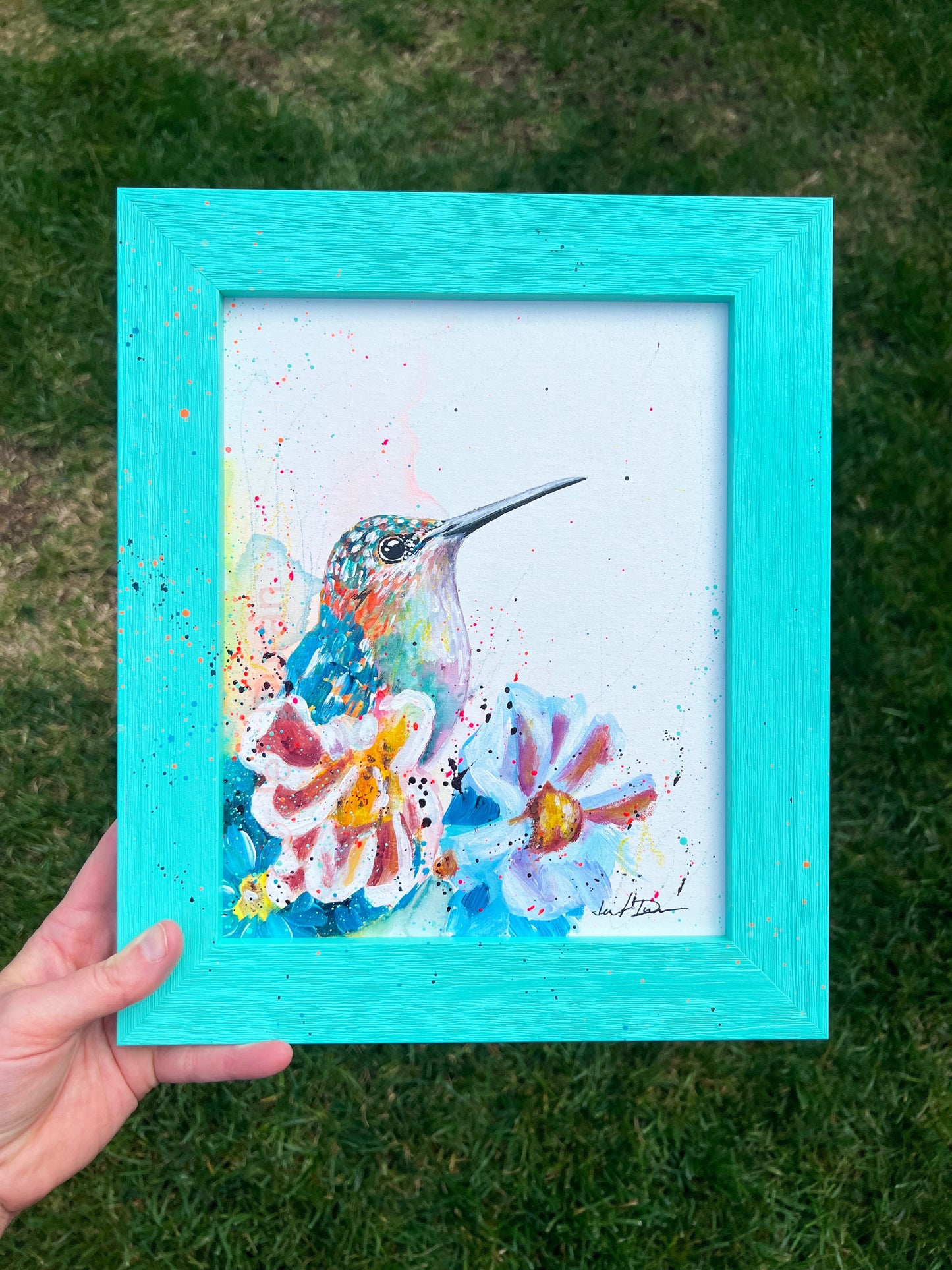 Blue & Orange Hummingbird with White Flowers Original Painting