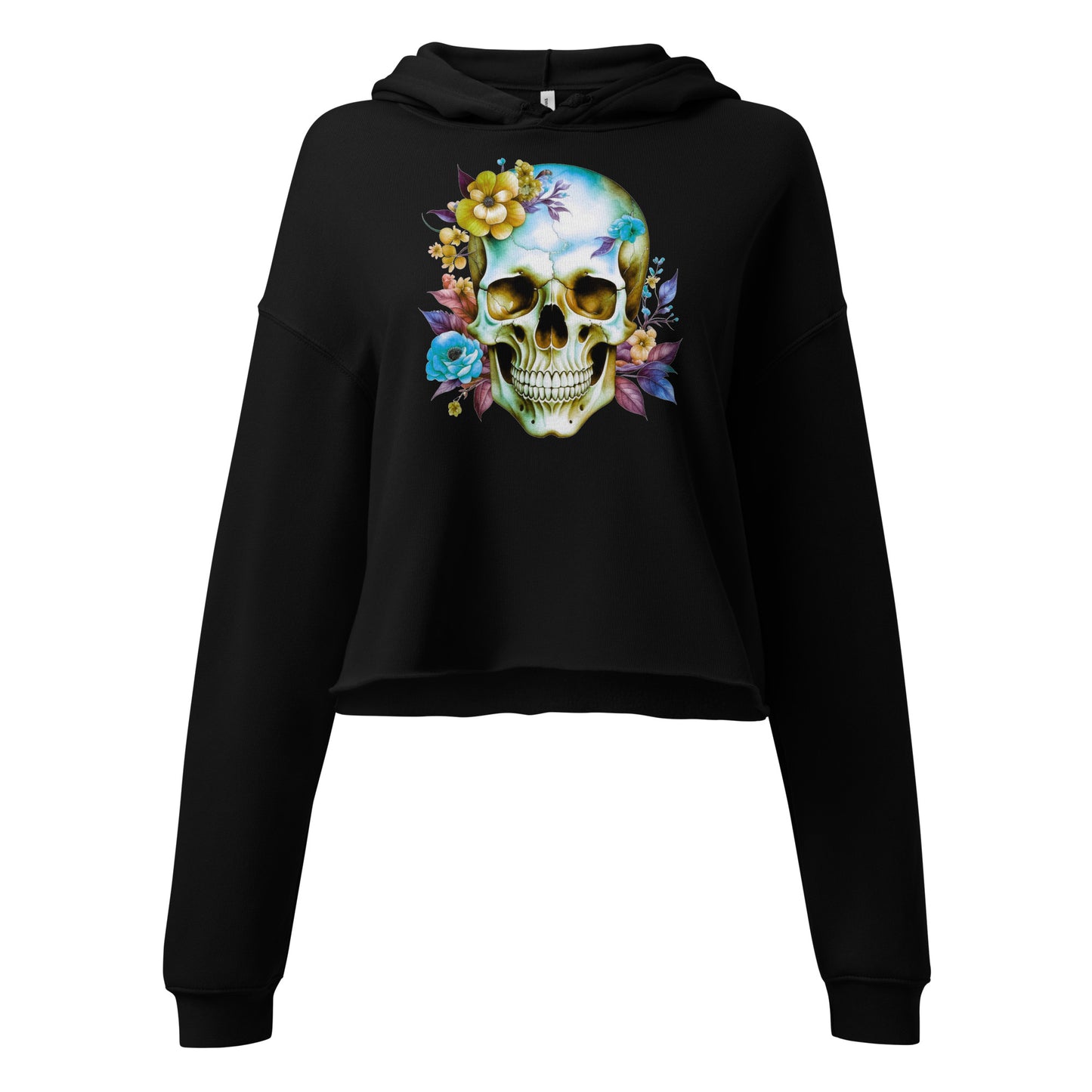 Fleece Crop Hoodie - Skull w/Flowers Design