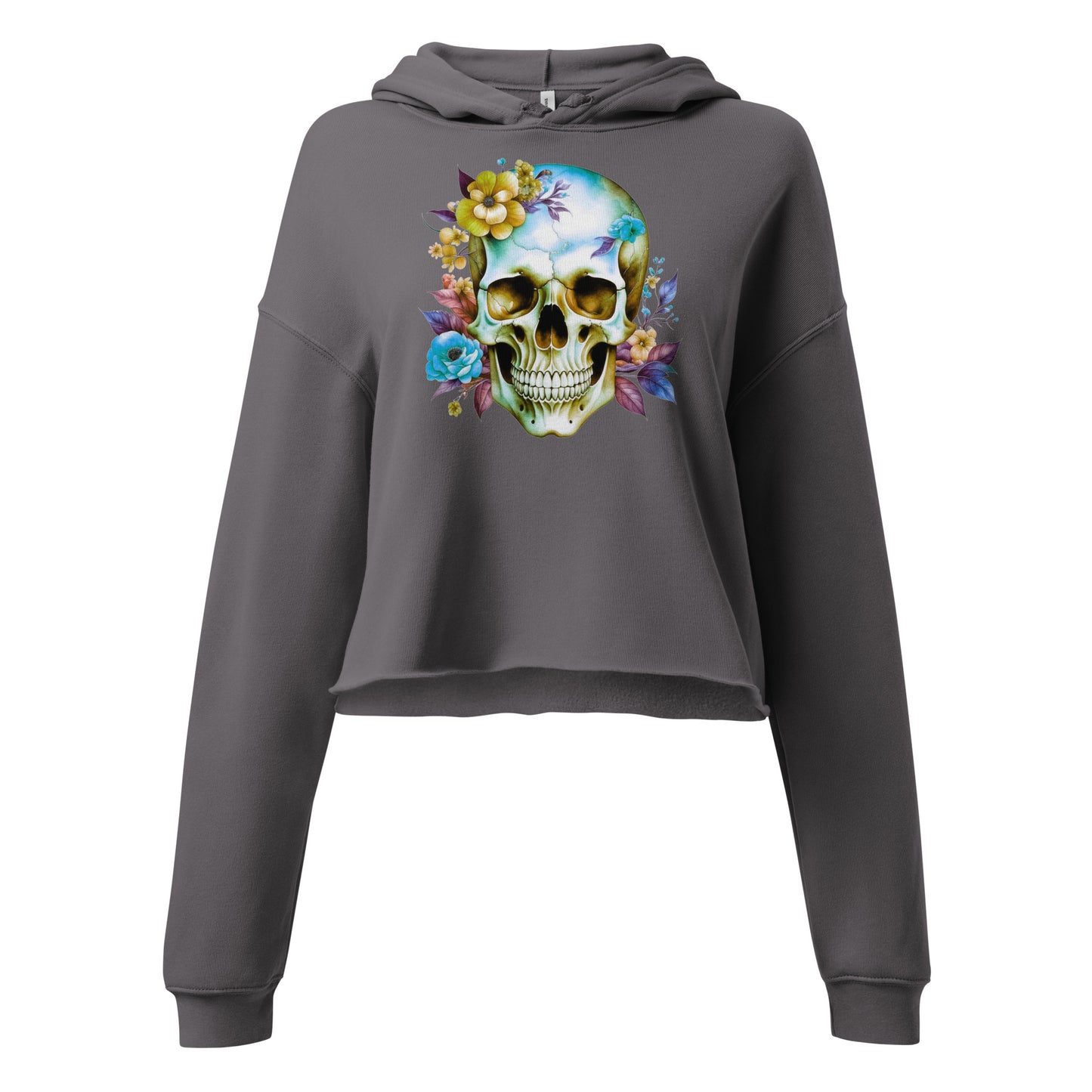 Fleece Crop Hoodie - Skull w/Flowers Design