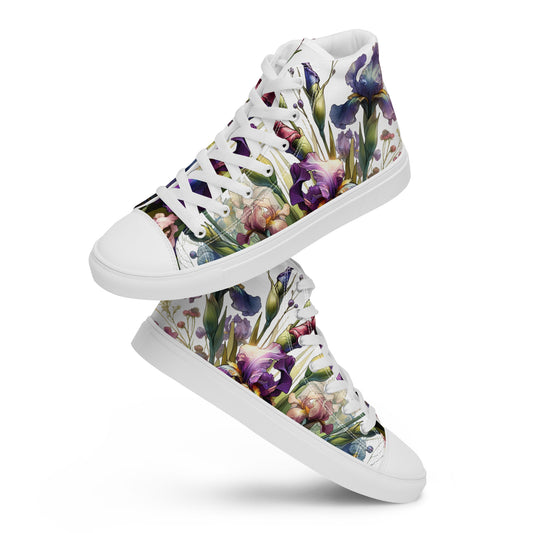 high top shoes, high top sneakers, canvas shoes, Irises, trendy fashion, unique shoe design, mens shoes, womens shoes, sneakers, art by jen duran