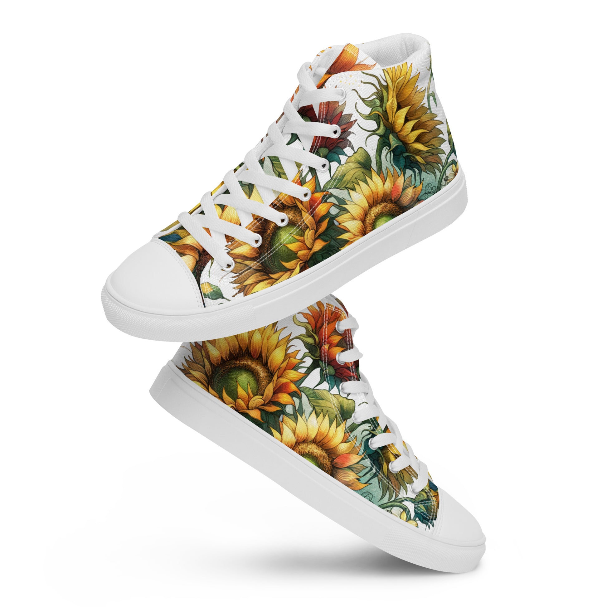 high top shoes, high top sneakers, canvas shoes,sunflowers, trendy fashion, unique shoe design, mens shoes, womens shoes, sneakers, art by jen duran