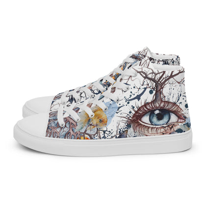 high top shoes, high top sneakers, canvas shoes, trendy shoes, eye design, popular shoes, unique shoe design, mens shoes, womens shoes, art by jen duran