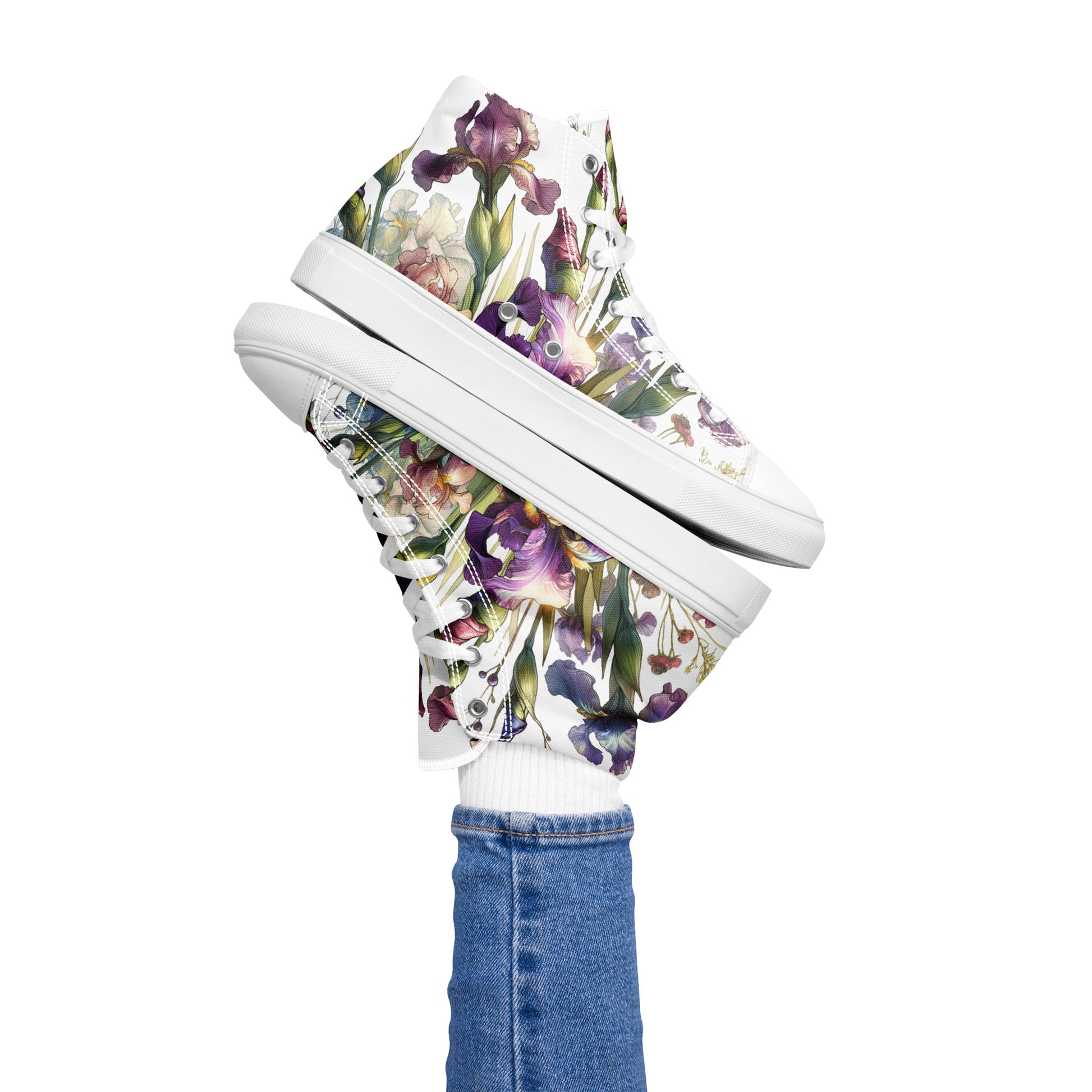 high top shoes, high top sneakers, canvas shoes, Irises, trendy fashion, unique shoe design, mens shoes, womens shoes, sneakers, art by jen duran