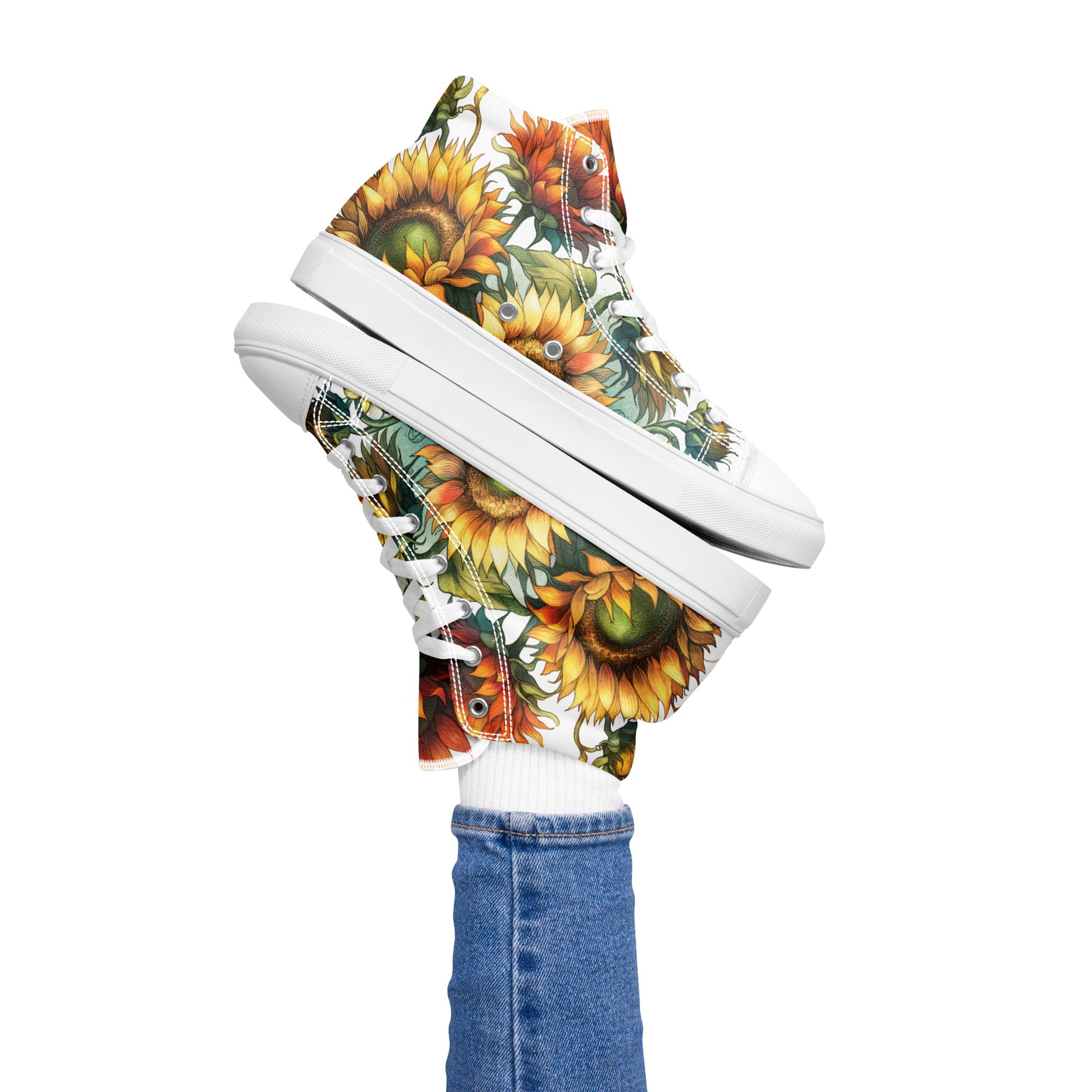 high top shoes, high top sneakers, canvas shoes,sunflowers, trendy fashion, unique shoe design, mens shoes, womens shoes, sneakers, art by jen duran