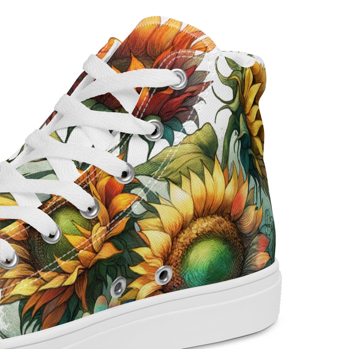 high top shoes, high top sneakers, canvas shoes,sunflowers, trendy fashion, unique shoe design, mens shoes, womens shoes, sneakers, art by jen duran