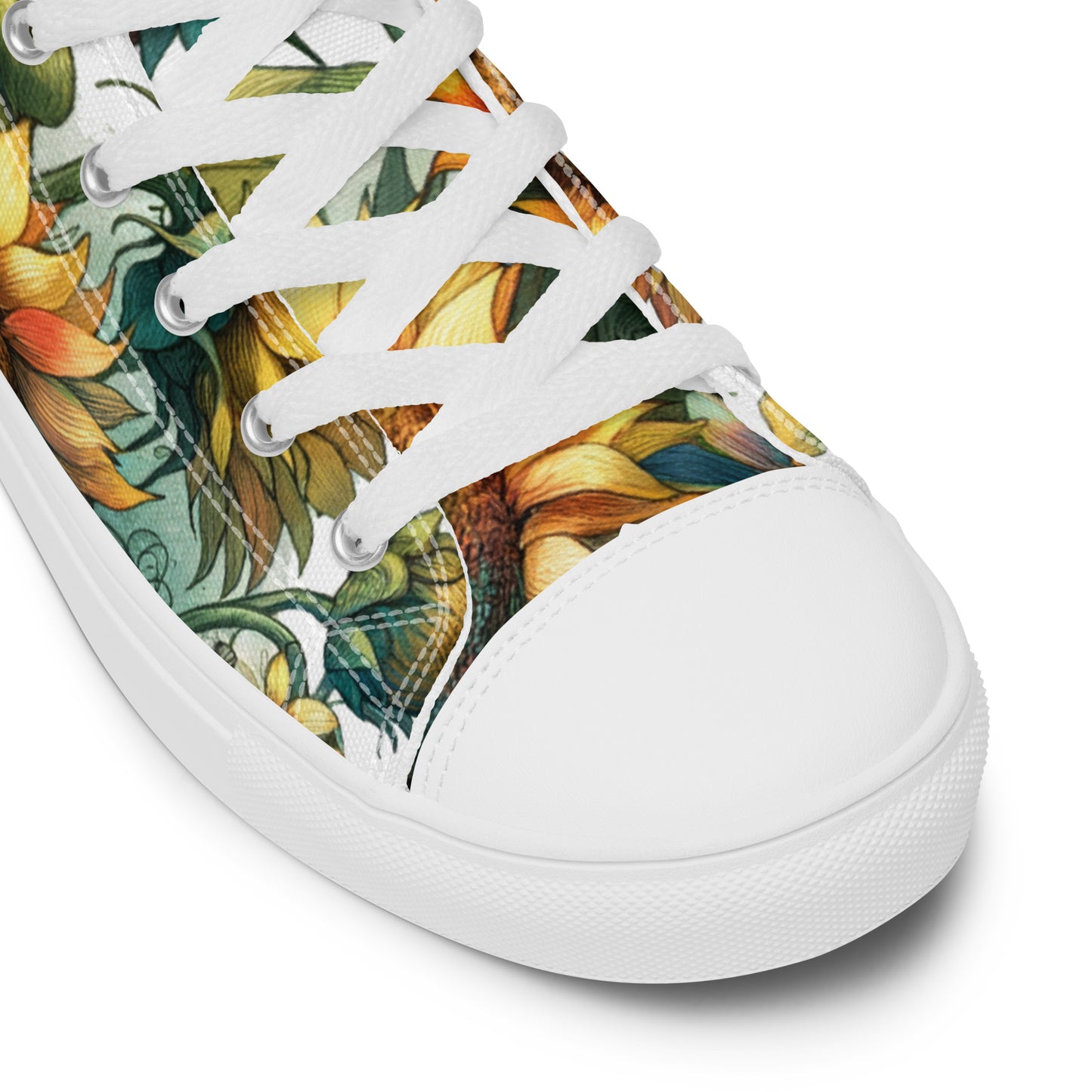 high top shoes, high top sneakers, canvas shoes,sunflowers, trendy fashion, unique shoe design, mens shoes, womens shoes, sneakers, art by jen duran