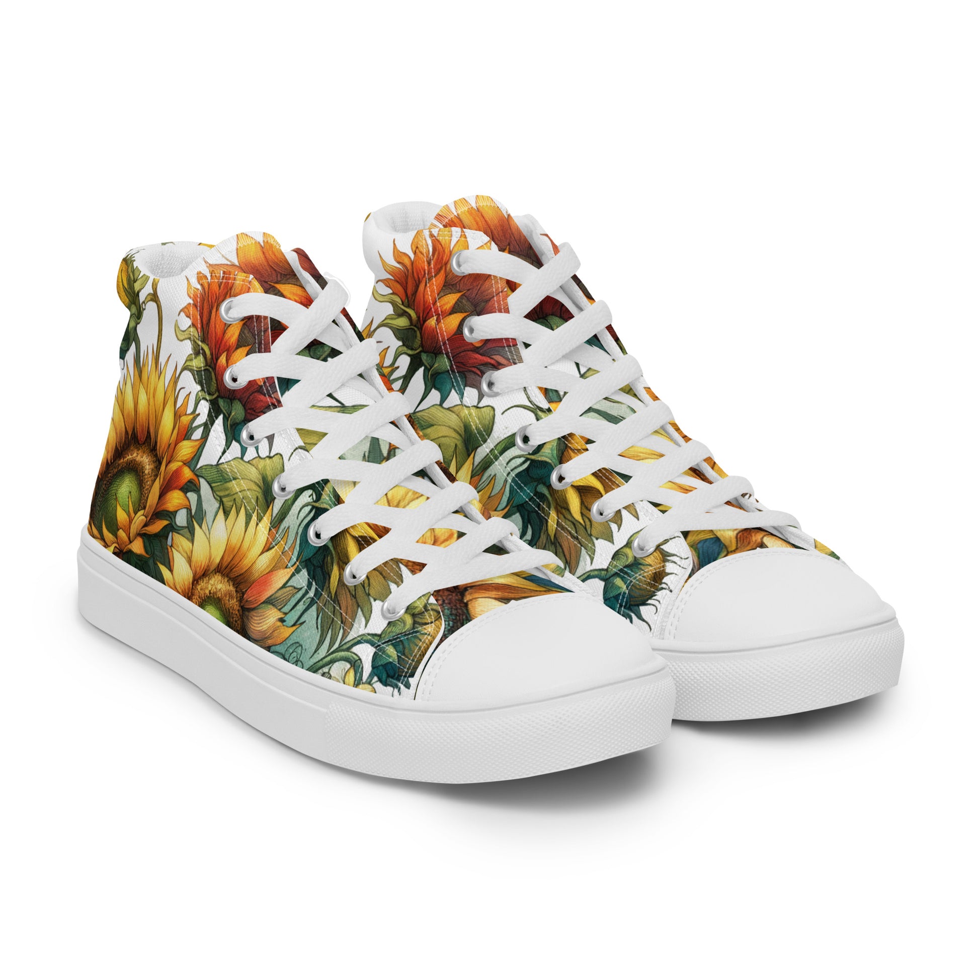 high top shoes, high top sneakers, canvas shoes,sunflowers, trendy fashion, unique shoe design, mens shoes, womens shoes, sneakers, art by jen duran