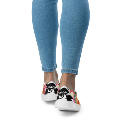 canvas slip on shoes, slip on shoes, canvas sneakers, canvas shoes, trendy fashion, unique shoe design, mens shoes, womens shoes, sneakers, art by jen duran