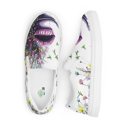 canvas slip on shoes, slip on shoes, canvas sneakers, canvas shoes, trendy fashion, unique shoe design, mens shoes, womens shoes, sneakers, art by jen duran