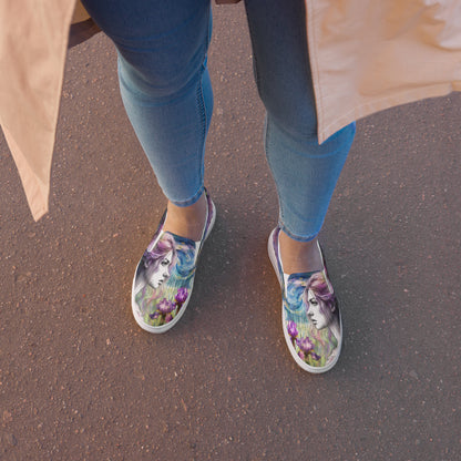 canvas slip on shoes, slip on shoes, canvas sneakers, canvas shoes, trendy fashion, unique shoe design, mens shoes, womens shoes, sneakers, art by jen duran