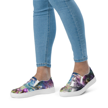 canvas slip on shoes, slip on shoes, canvas sneakers, canvas shoes, trendy fashion, unique shoe design, mens shoes, womens shoes, sneakers, art by jen duran